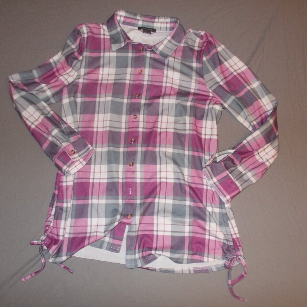 Robert Louis Button front pink & gray Plaid Woman's Top Large